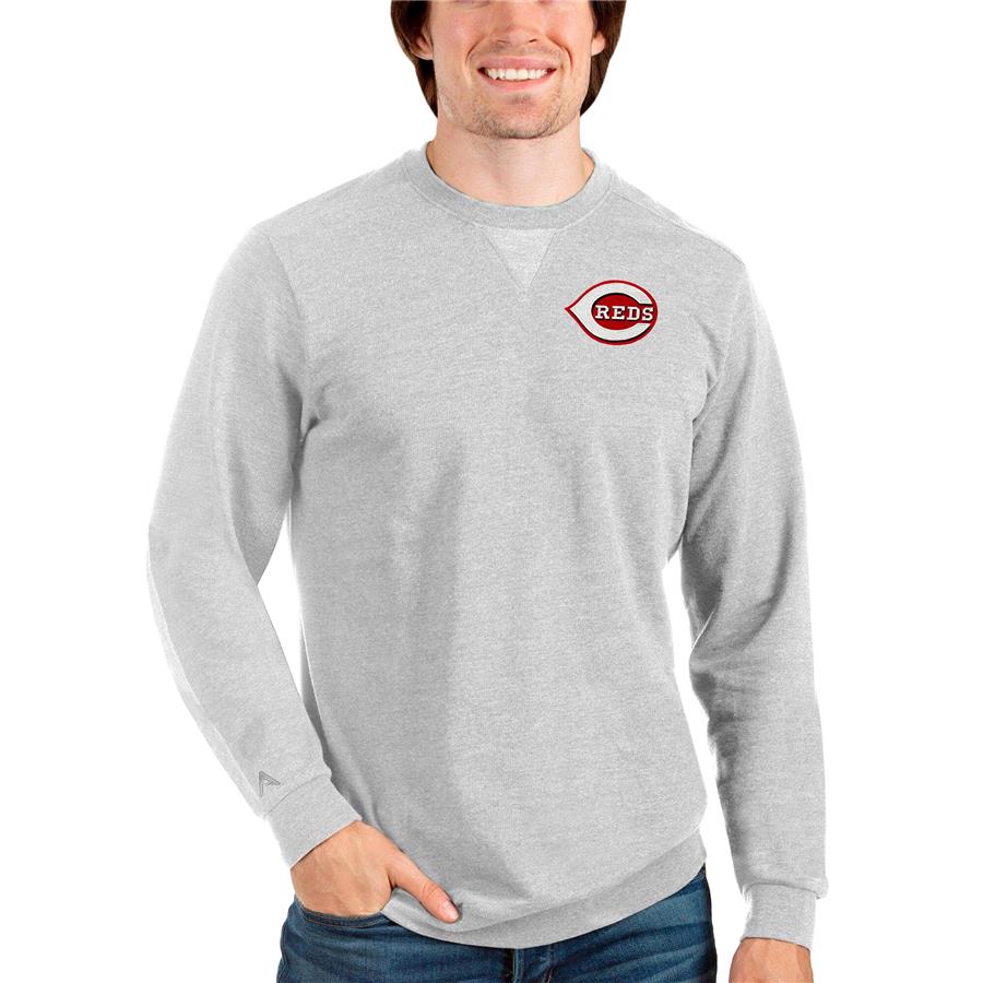 Cincinnati Reds Antigua Reward Crewneck Pullover Sweatshirt - Heathered Gray