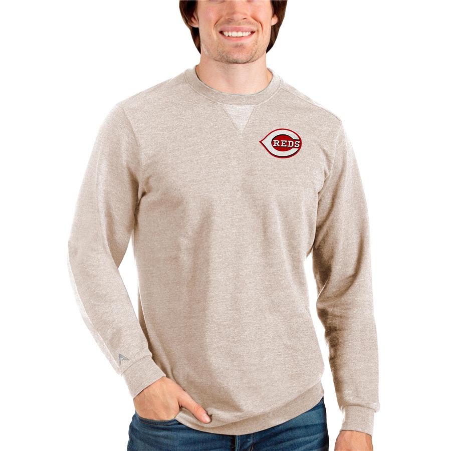 Cincinnati Reds Antigua Reward Crewneck Pullover Sweatshirt - Oatmeal