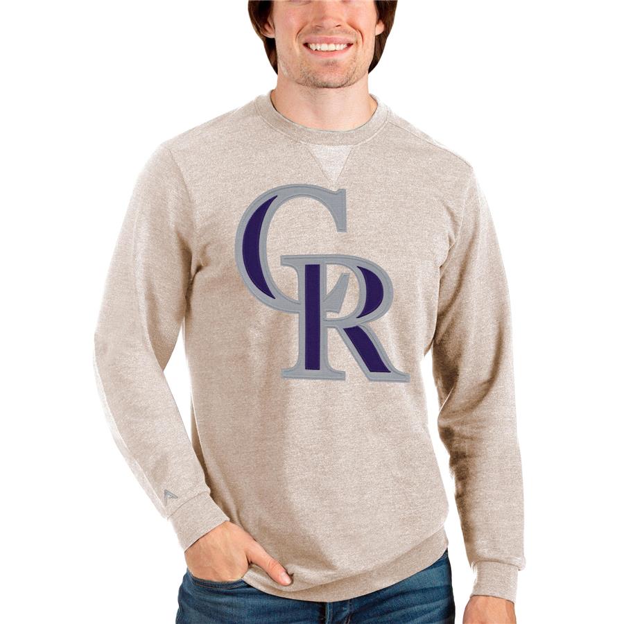 Colorado Rockies Antigua Team Logo Reward Crewneck Pullover Sweatshirt - Oatmeal
