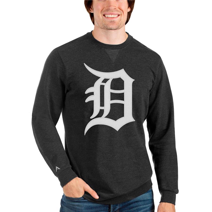 Detroit Tigers Antigua Team Logo Reward Crewneck Pullover Sweatshirt - Heathered Black