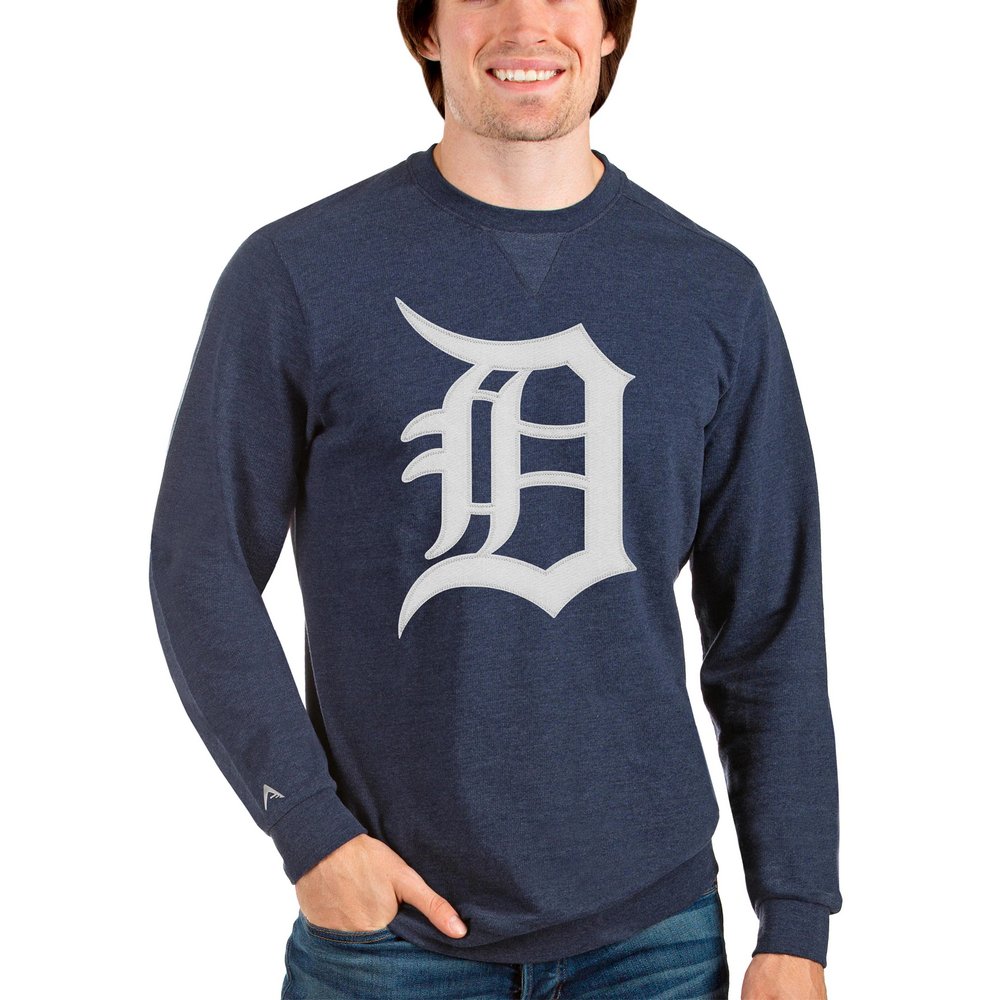 Detroit Tigers Antigua Team Logo Reward Crewneck Pullover Sweatshirt - Heathered Navy