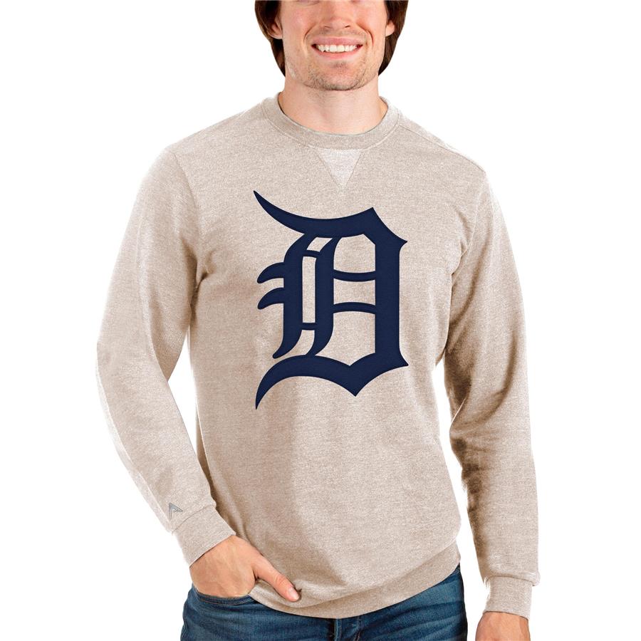 Detroit Tigers Antigua Team Logo Reward Crewneck Pullover Sweatshirt - Oatmeal