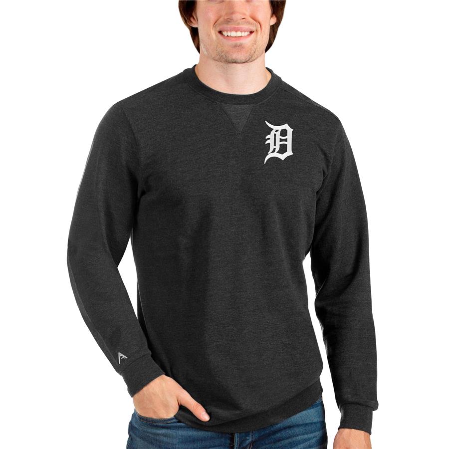 Detroit Tigers Antigua Reward Crewneck Pullover Sweatshirt - Heathered Black