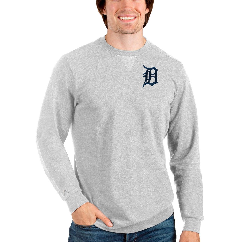Detroit Tigers Antigua Reward Crewneck Pullover Sweatshirt - Heathered Gray