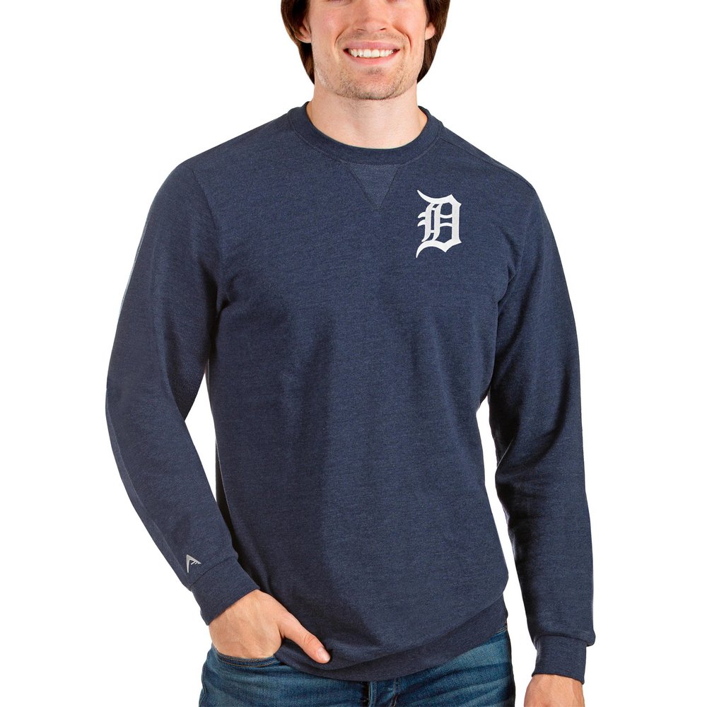 Detroit Tigers Antigua Reward Crewneck Pullover Sweatshirt - Heathered Navy
