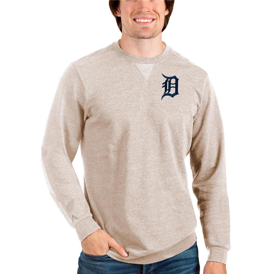 Detroit Tigers Antigua Reward Crewneck Pullover Sweatshirt - Oatmeal