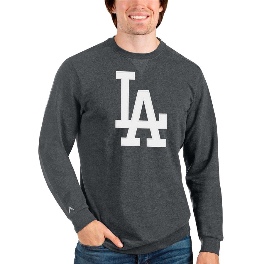 Los Angeles Dodgers Antigua Team Logo Reward Crewneck Pullover Sweatshirt - Heathered Charcoal