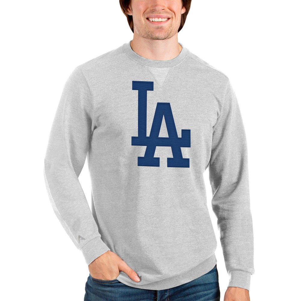 Los Angeles Dodgers Antigua Team Logo Reward Crewneck Pullover Sweatshirt - Heathered Gray