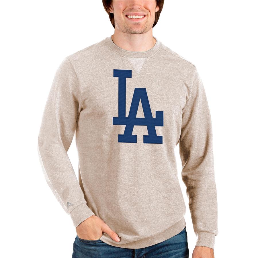 Los Angeles Dodgers Antigua Team Logo Reward Crewneck Pullover Sweatshirt - Oatmeal