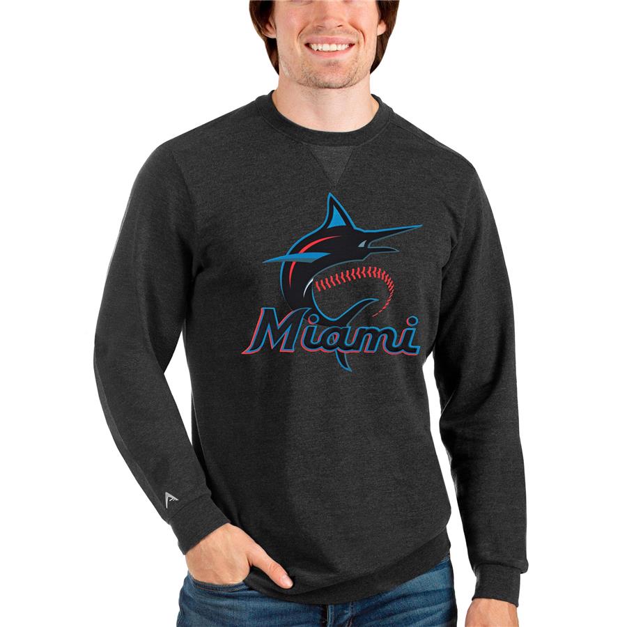 Miami Marlins Antigua Team Logo Reward Crewneck Pullover Sweatshirt - Heathered Black