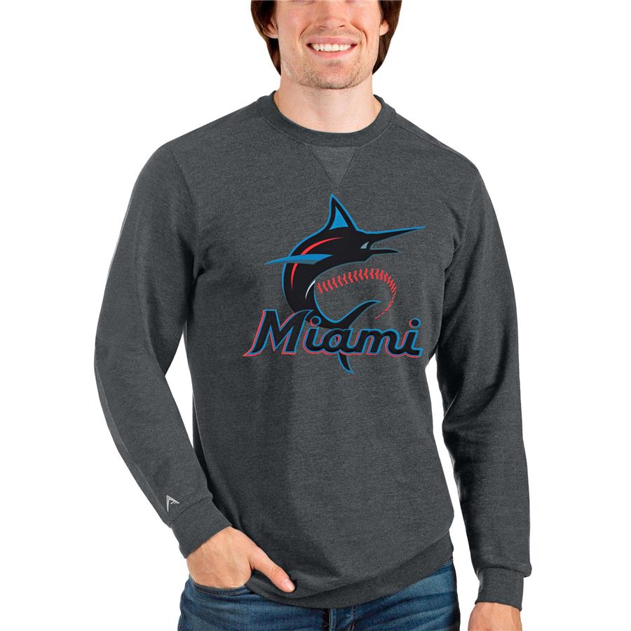 Miami Marlins Antigua Team Logo Reward Crewneck Pullover Sweatshirt - Heathered Charcoal