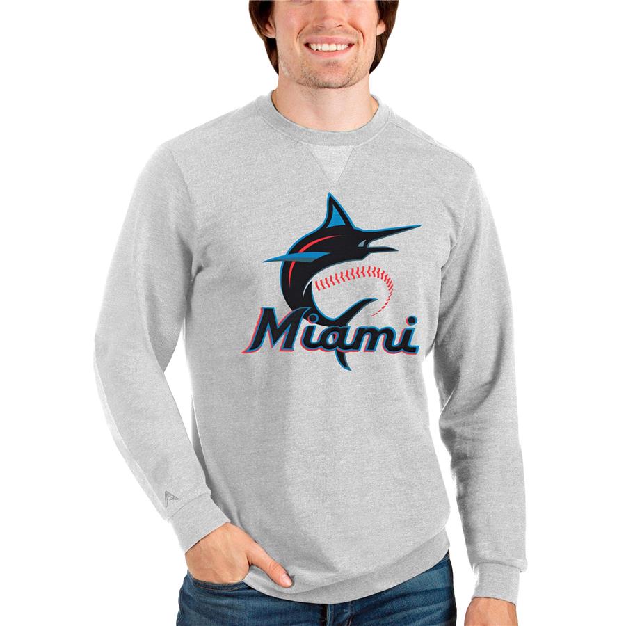 Miami Marlins Antigua Team Logo Reward Crewneck Pullover Sweatshirt - Heathered Gray