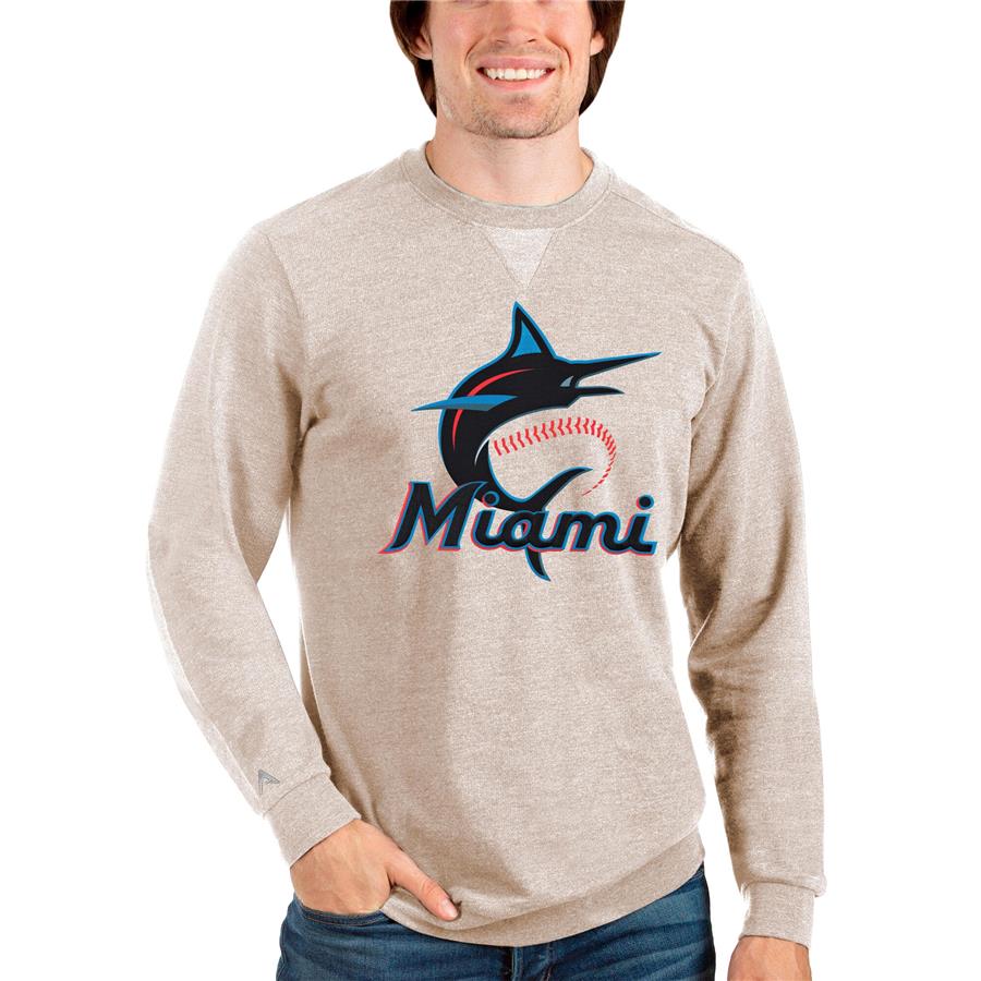 Miami Marlins Antigua Team Logo Reward Crewneck Pullover Sweatshirt - Oatmeal