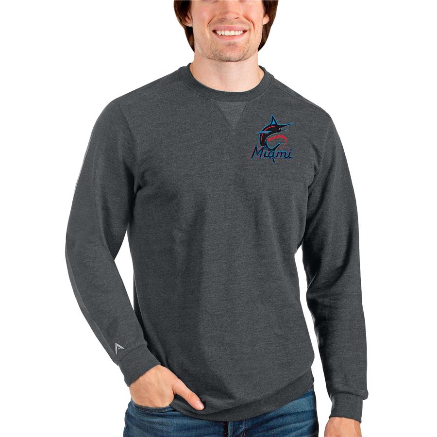 Miami Marlins Antigua Reward Crewneck Pullover Sweatshirt - Heathered Charcoal