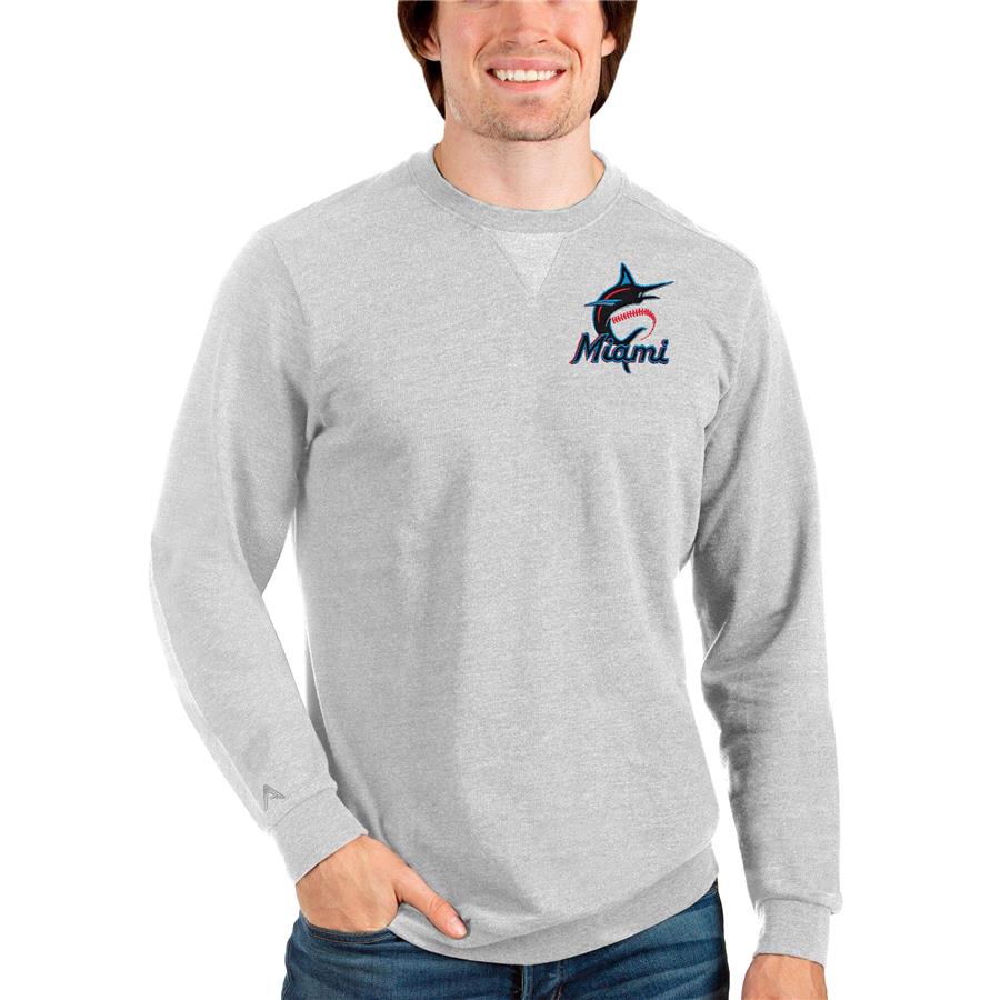 Miami Marlins Antigua Reward Crewneck Pullover Sweatshirt - Heathered Gray