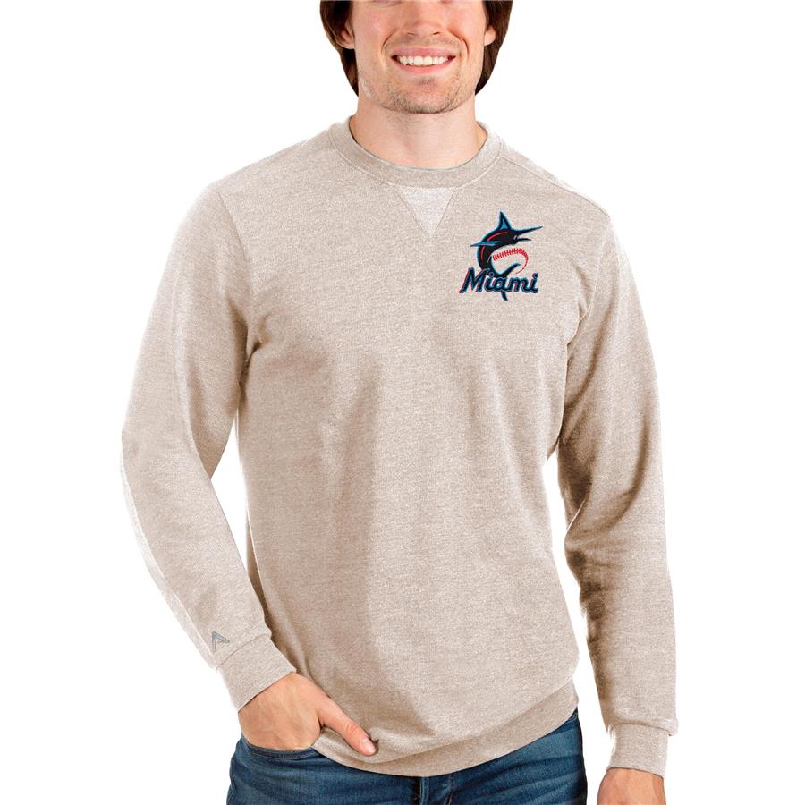 Miami Marlins Antigua Reward Crewneck Pullover Sweatshirt - Oatmeal