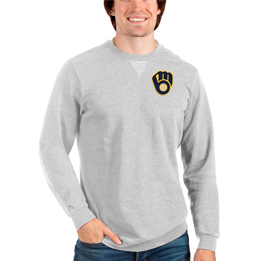 Milwaukee Brewers Antigua Reward Crewneck Pullover Sweatshirt - Heathered Gray