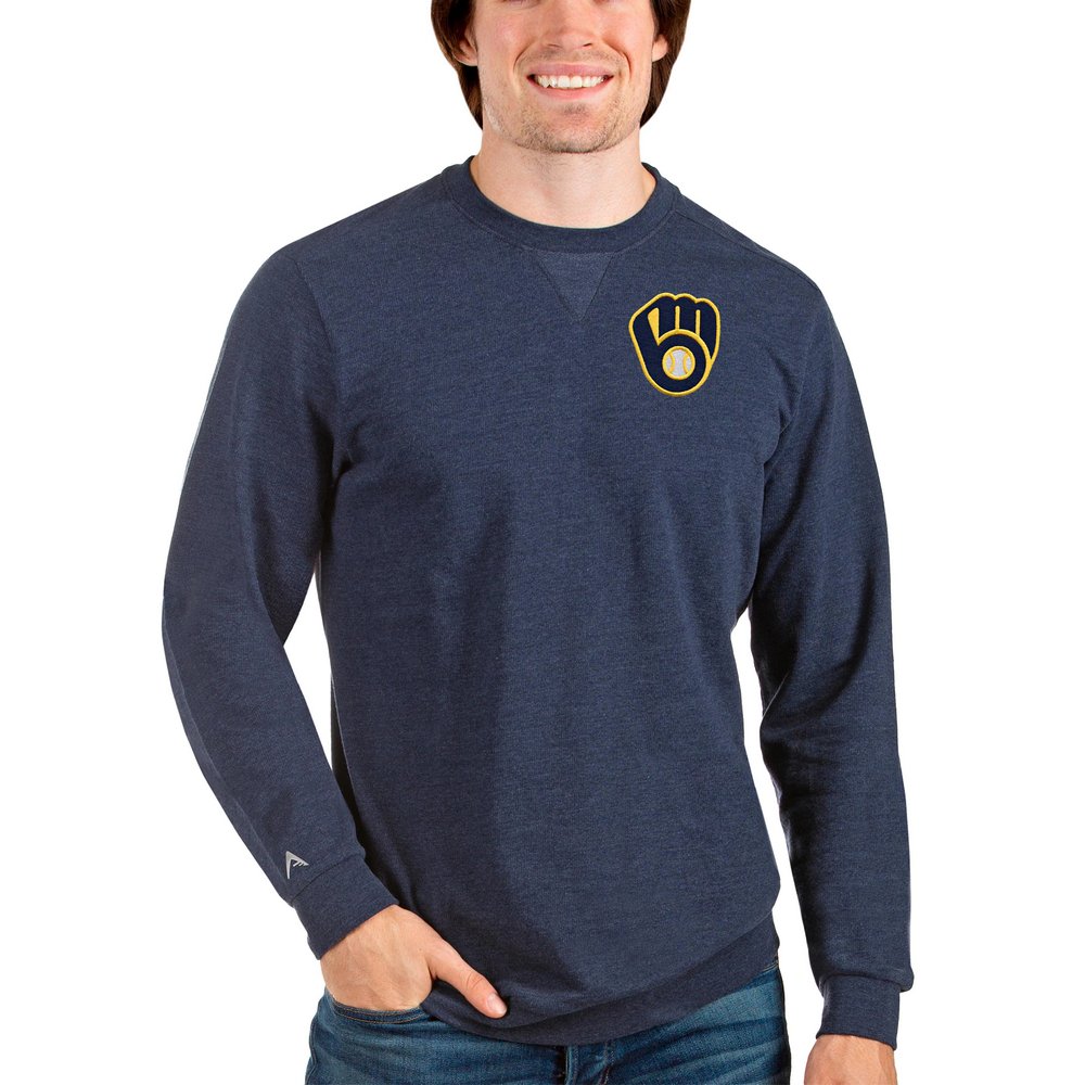 Milwaukee Brewers Antigua Reward Crewneck Pullover Sweatshirt - Heathered Navy