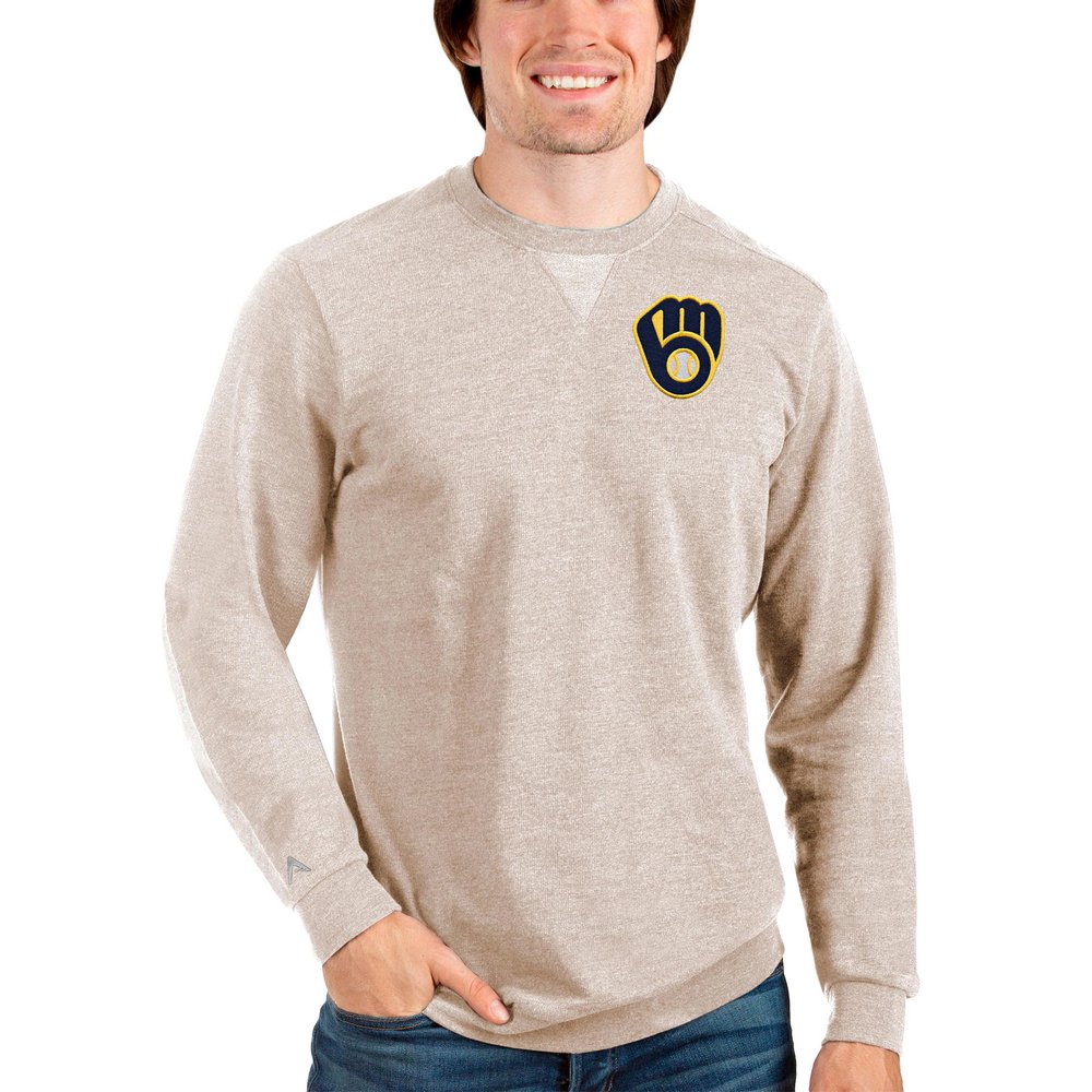Milwaukee Brewers Antigua Reward Crewneck Pullover Sweatshirt - Oatmeal
