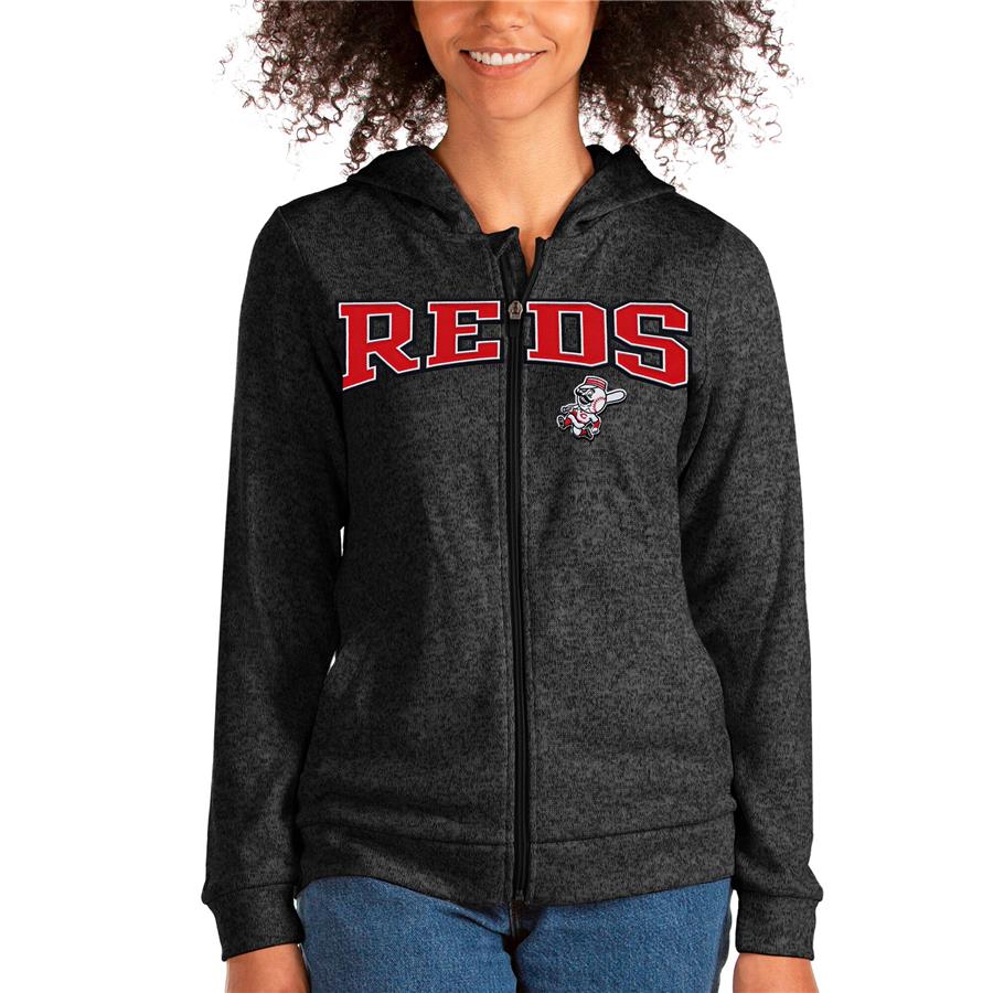 Cincinnati Reds Antigua Women's Wordmark Absolute Full-Zip Hoodie - Heathered Black
