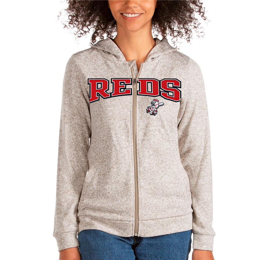 Cincinnati Reds Antigua Women's Wordmark Absolute Full-Zip Hoodie - Oatmeal