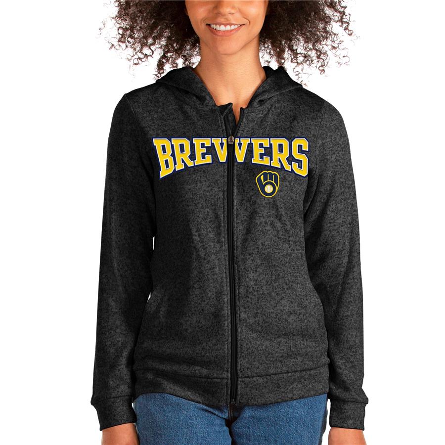 Milwaukee Brewers Antigua Women's Wordmark Absolute Full-Zip Hoodie - Heathered Black