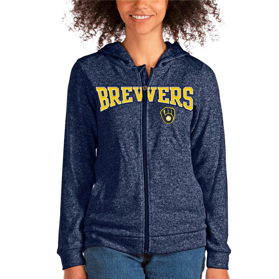 Milwaukee Brewers Antigua Women's Wordmark Absolute Full-Zip Hoodie - Heathered Navy