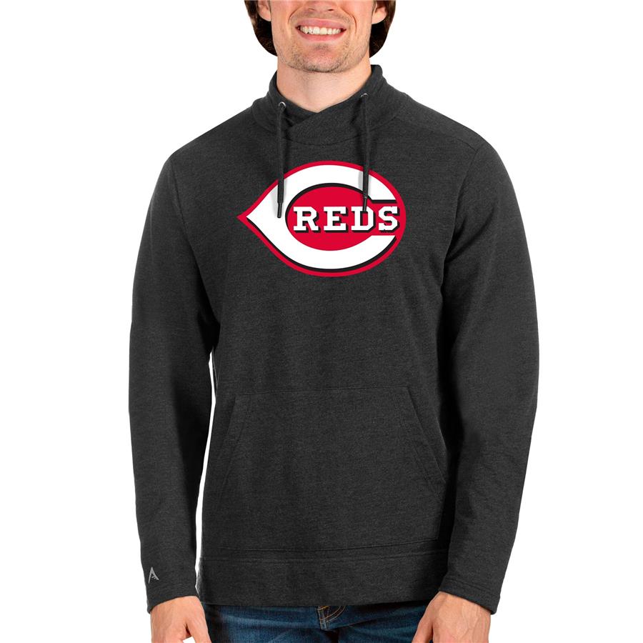 Cincinnati Reds Antigua Reward Pullover Sweatshirt - Heathered Black