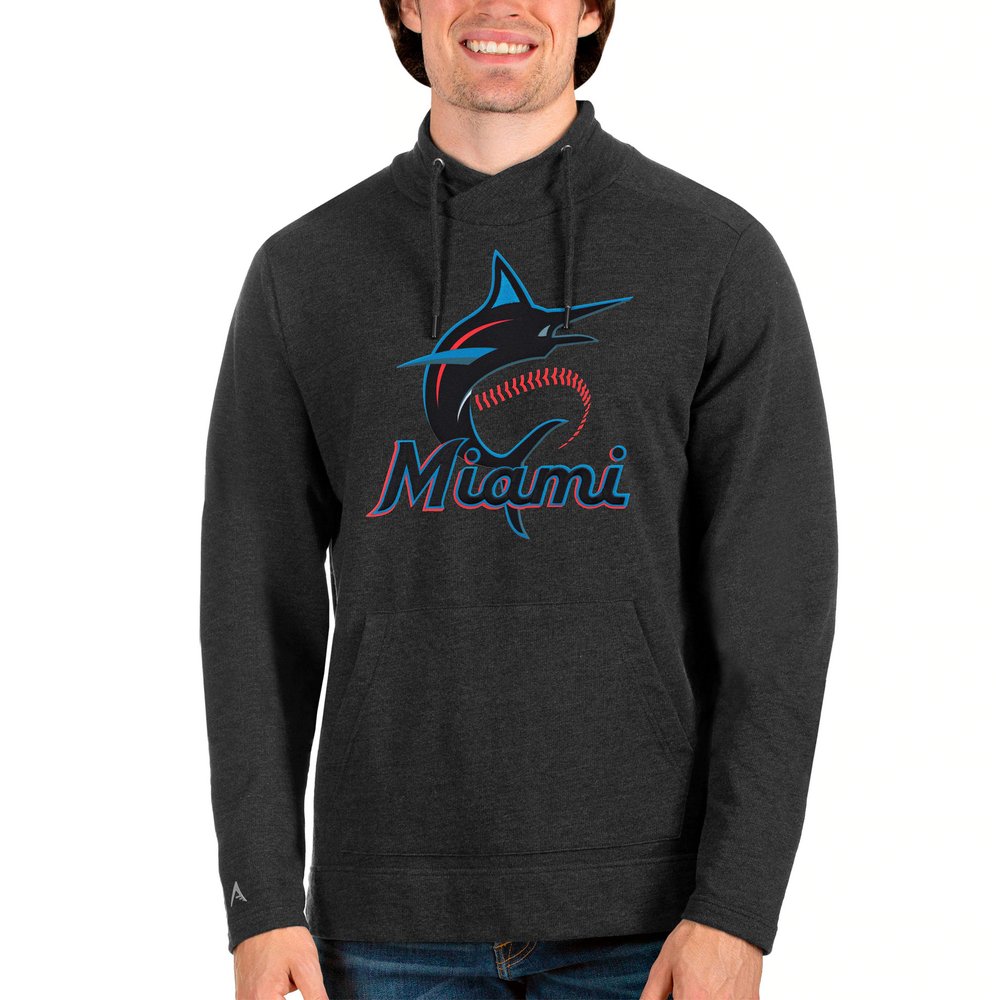 Miami Marlins Antigua Reward Pullover Sweatshirt - Heathered Black