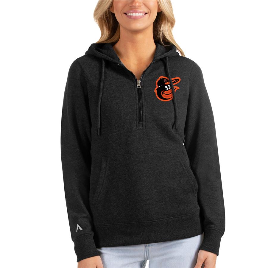 Baltimore Orioles Antigua Women's Action Half-Zip Pullover Hoodie - Heathered Black