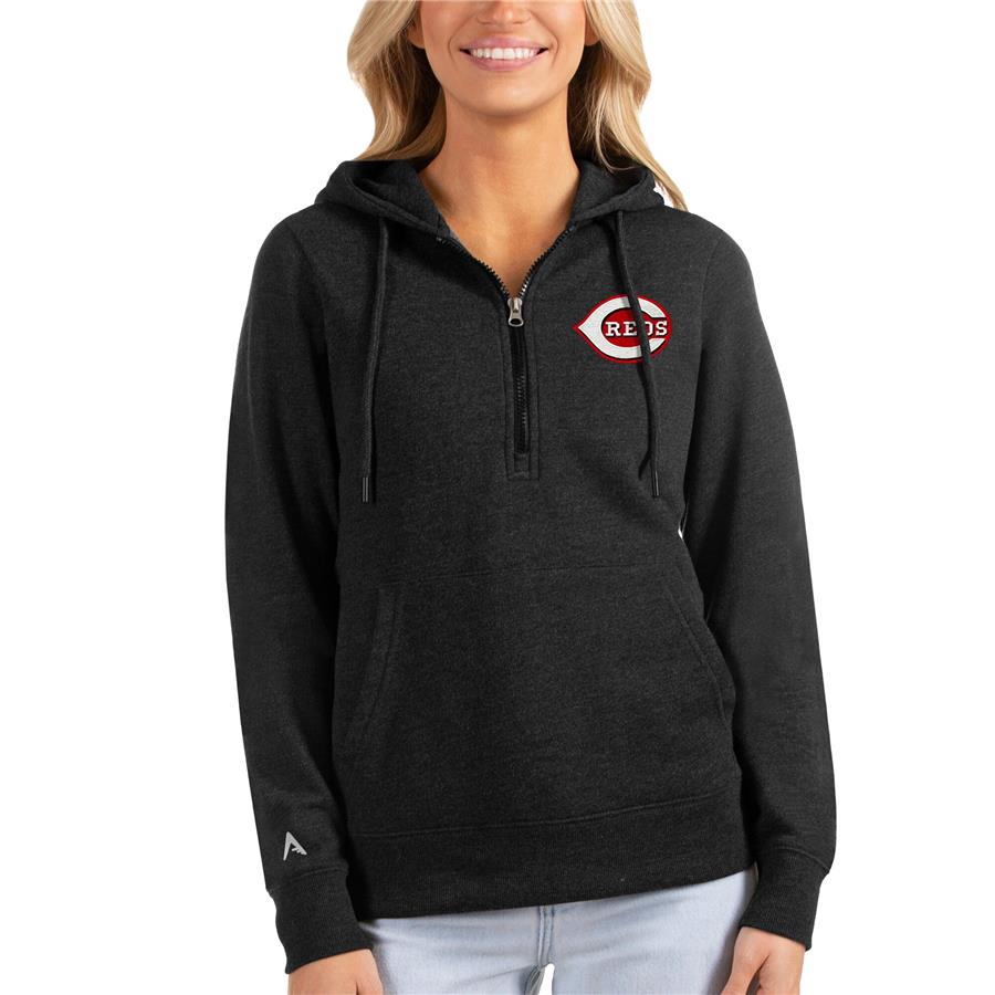 Cincinnati Reds Antigua Women's Action Half-Zip Pullover Hoodie - Heathered Black
