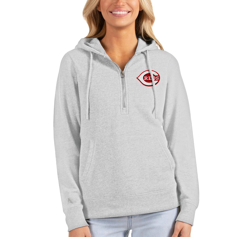 Cincinnati Reds Antigua Women's Action Half-Zip Pullover Hoodie - Heathered Gray