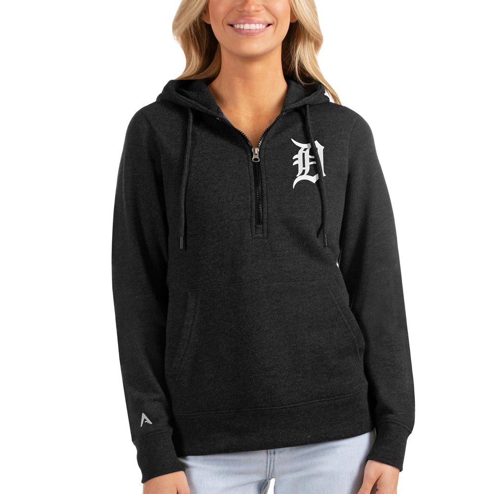 Detroit Tigers Antigua Women's Action Half-Zip Pullover Hoodie - Heathered Black