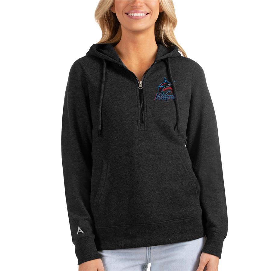 Miami Marlins Antigua Women's Action Half-Zip Pullover Hoodie - Heathered Black