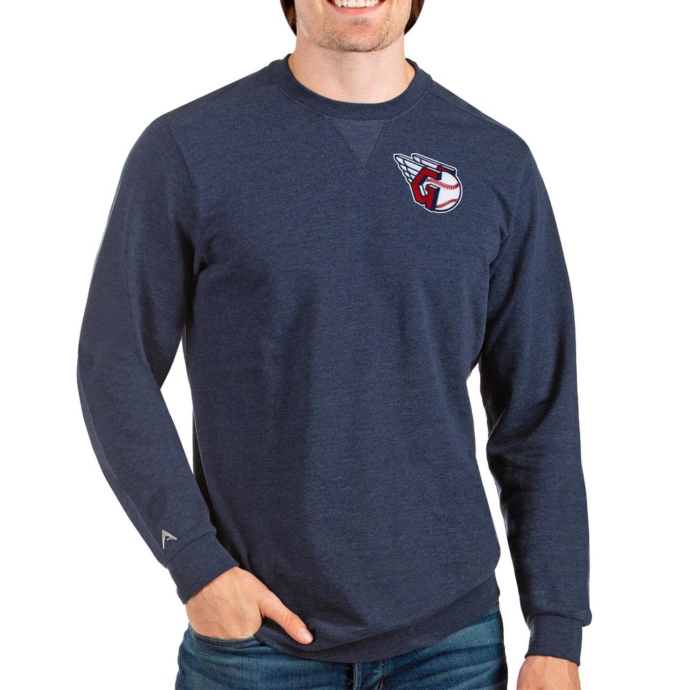 Cleveland Guardians Antigua Reward Crewneck Pullover Sweatshirt - Heathered Navy