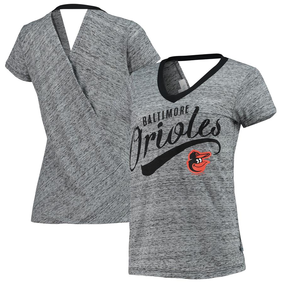 Baltimore Orioles Touch Women's Hail Mary Open Back Wrap Space-Dye V-Neck T-Shirt - Black