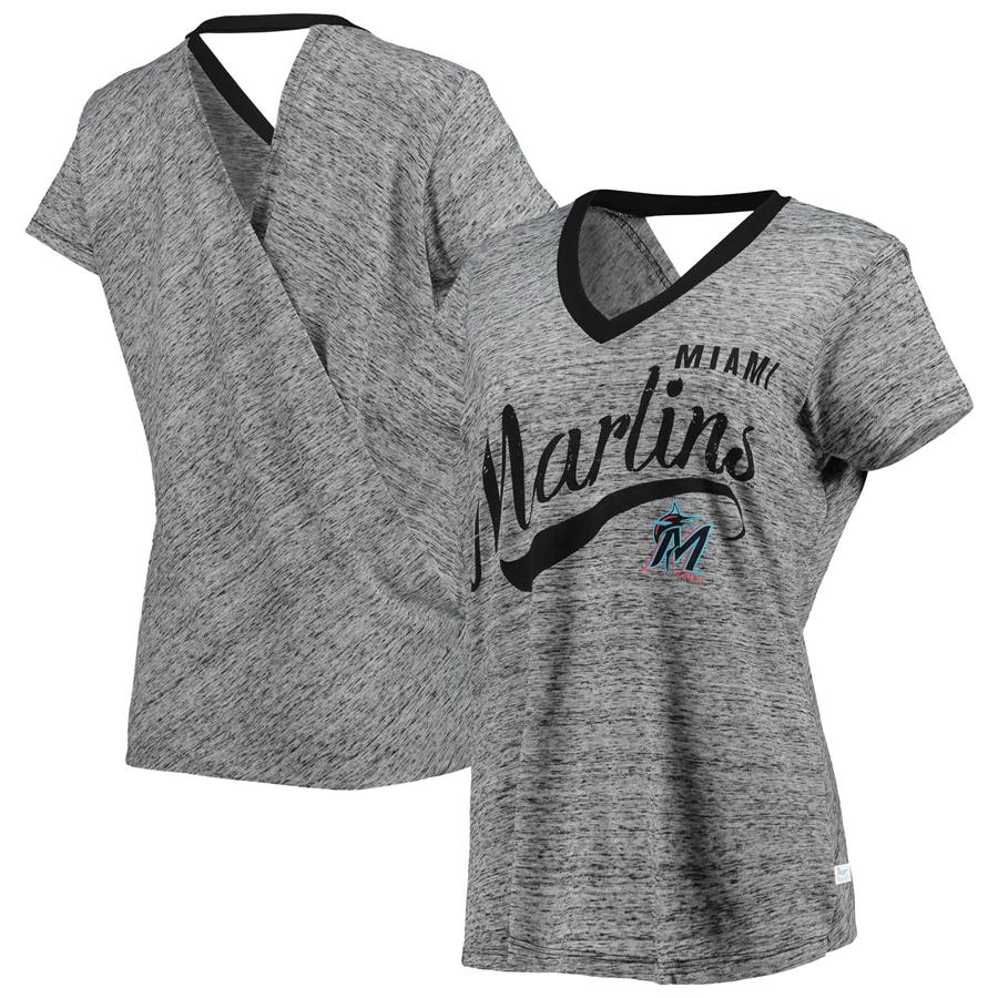 Miami Marlins Touch Women's Hail Mary Back Wrap Space-Dye V-Neck T-Shirt - Black