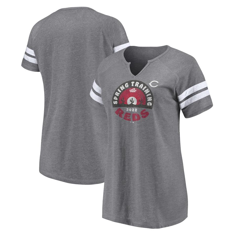 Cincinnati Reds Fanatics Branded Women's 2022 MLB Spring Training Cactus League Spring Retro Raglan Tri-Blend Notch Neck T-Shirt - Heathered Gray