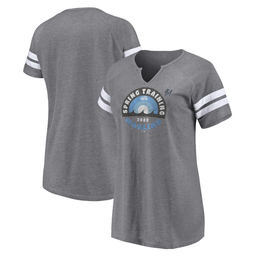 Miami Marlins Fanatics Branded Women's 2022 MLB Spring Training Grapefruit League Spring Retro Raglan Tri-Blend Notch Neck T-Shirt - Heathered Gray