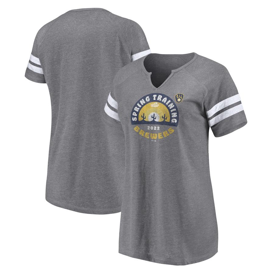 Milwaukee Brewers Fanatics Branded Women's 2022 MLB Spring Training Cactus League Spring Retro Raglan Tri-Blend Notch Neck T-Shirt - Heathered Gray