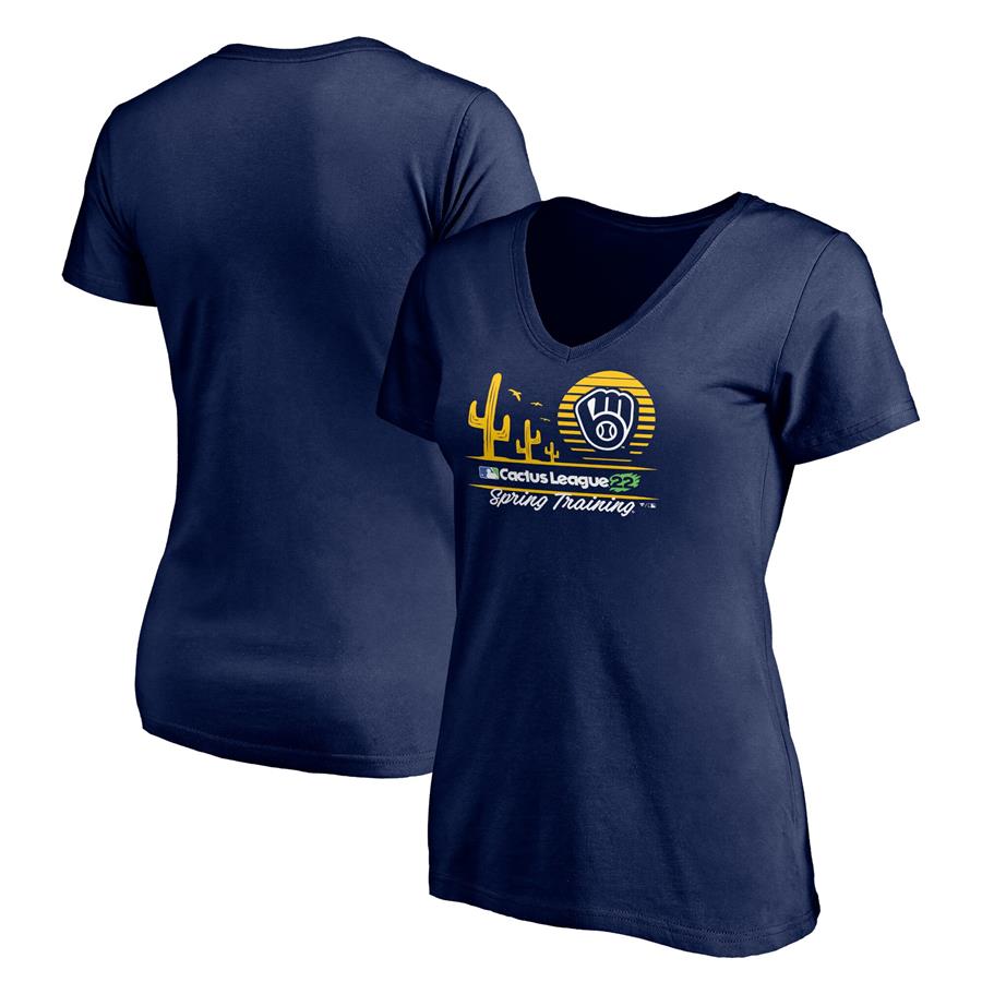 Milwaukee Brewers Fanatics Branded Women's 2022 MLB Spring Training Cactus League Horizon Line V-Neck T-Shirt - Navy