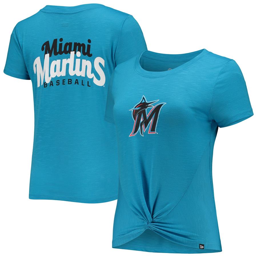 Miami Marlins New Era Women's 2-Hit Front Twist Burnout T-Shirt - Blue